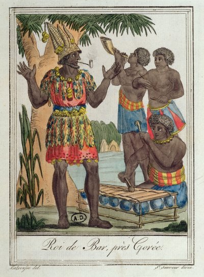 König von Bar, nahe Gorée, Senegal, aus Costumes de Différents Pays, 1796 von Jacques Grasset de Saint Sauveur